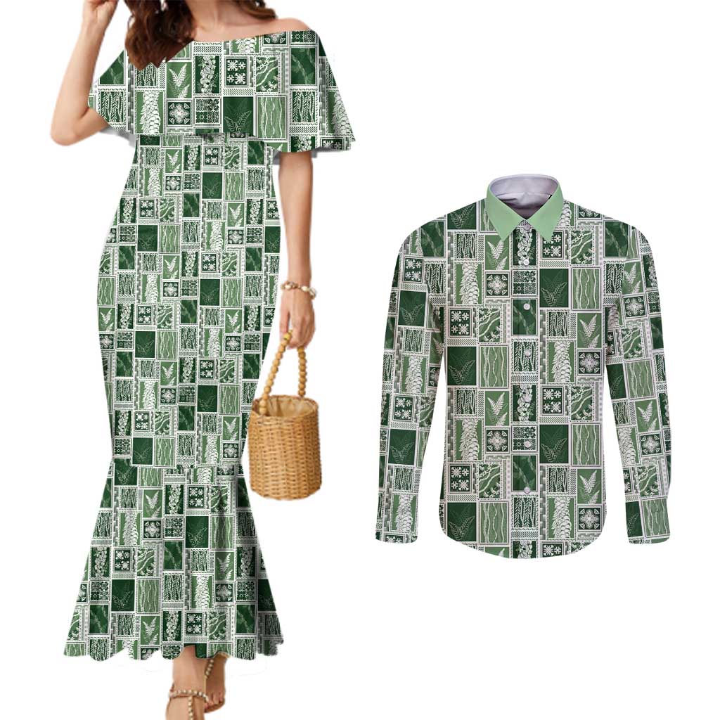 Vintage Aloha Block Quilt Couples Matching Mermaid Dress and Long Sleeve Button Shirt Green Inspired Lei Motifs - Polynesian Pride