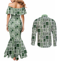 Vintage Aloha Block Quilt Couples Matching Mermaid Dress and Long Sleeve Button Shirt Green Inspired Lei Motifs - Polynesian Pride