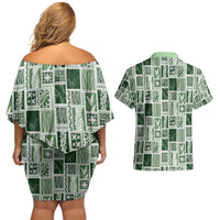 Vintage Aloha Block Quilt Couples Matching Off Shoulder Short Dress and Hawaiian Shirt Green Inspired Lei Motifs - Polynesian Pride