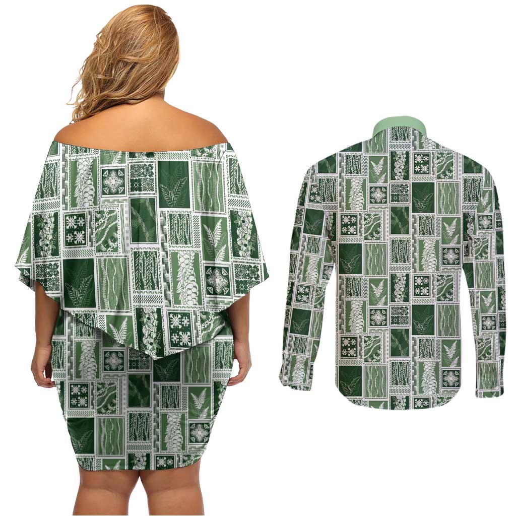Vintage Aloha Block Quilt Couples Matching Off Shoulder Short Dress and Long Sleeve Button Shirt Green Inspired Lei Motifs - Polynesian Pride