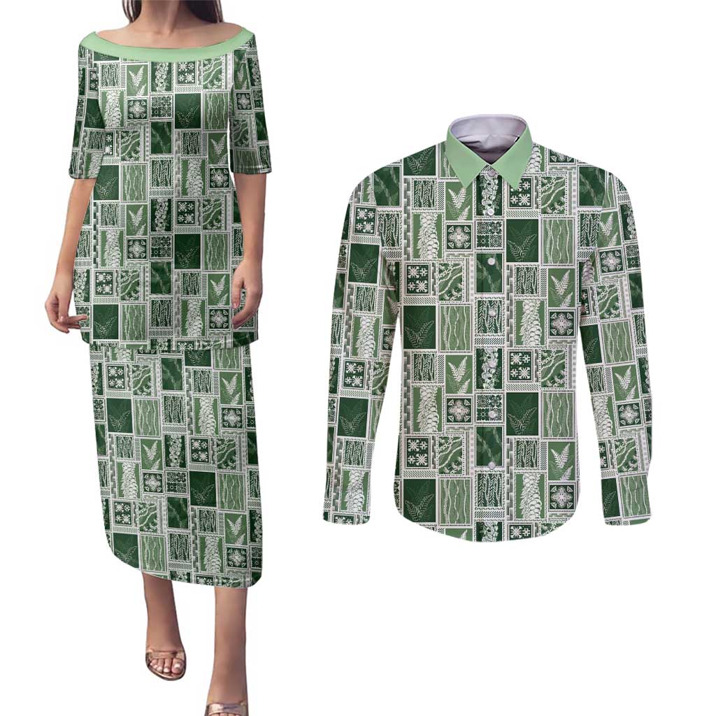 Vintage Aloha Block Quilt Couples Matching Puletasi and Long Sleeve Button Shirt Green Inspired Lei Motifs - Polynesian Pride