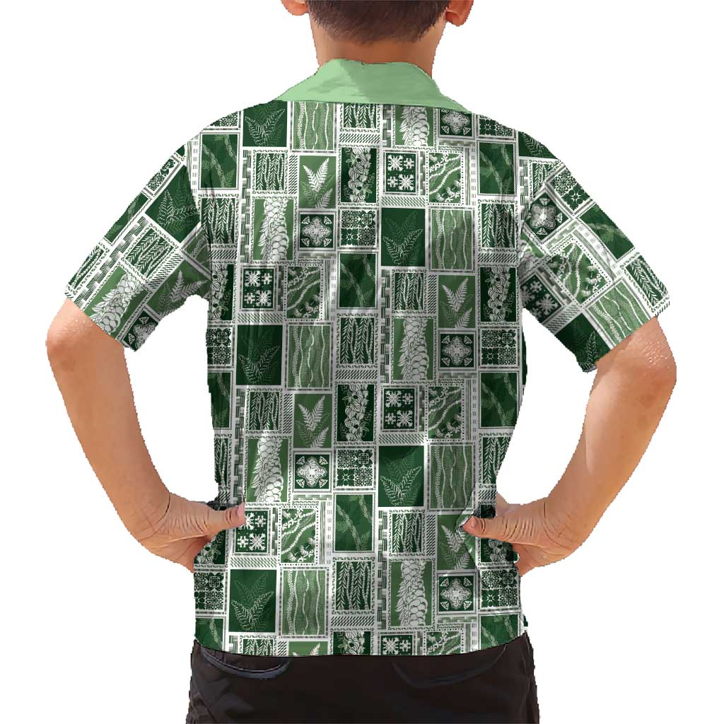 Vintage Aloha Block Quilt Family Matching Long Sleeve Bodycon Dress and Hawaiian Shirt Green Inspired Lei Motifs - Polynesian Pride