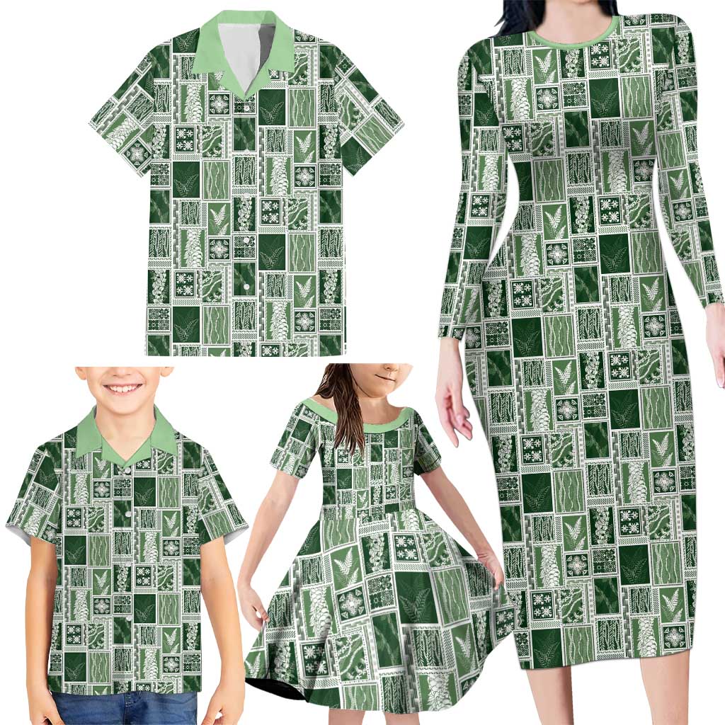 Vintage Aloha Block Quilt Family Matching Long Sleeve Bodycon Dress and Hawaiian Shirt Green Inspired Lei Motifs - Polynesian Pride