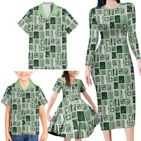 Vintage Aloha Block Quilt Family Matching Long Sleeve Bodycon Dress and Hawaiian Shirt Green Inspired Lei Motifs - Polynesian Pride