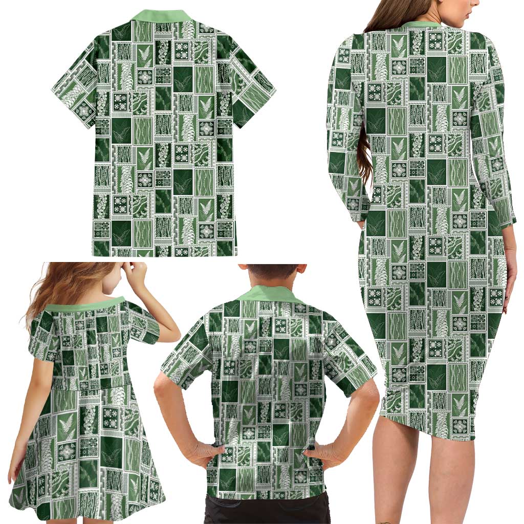 Vintage Aloha Block Quilt Family Matching Long Sleeve Bodycon Dress and Hawaiian Shirt Green Inspired Lei Motifs - Polynesian Pride