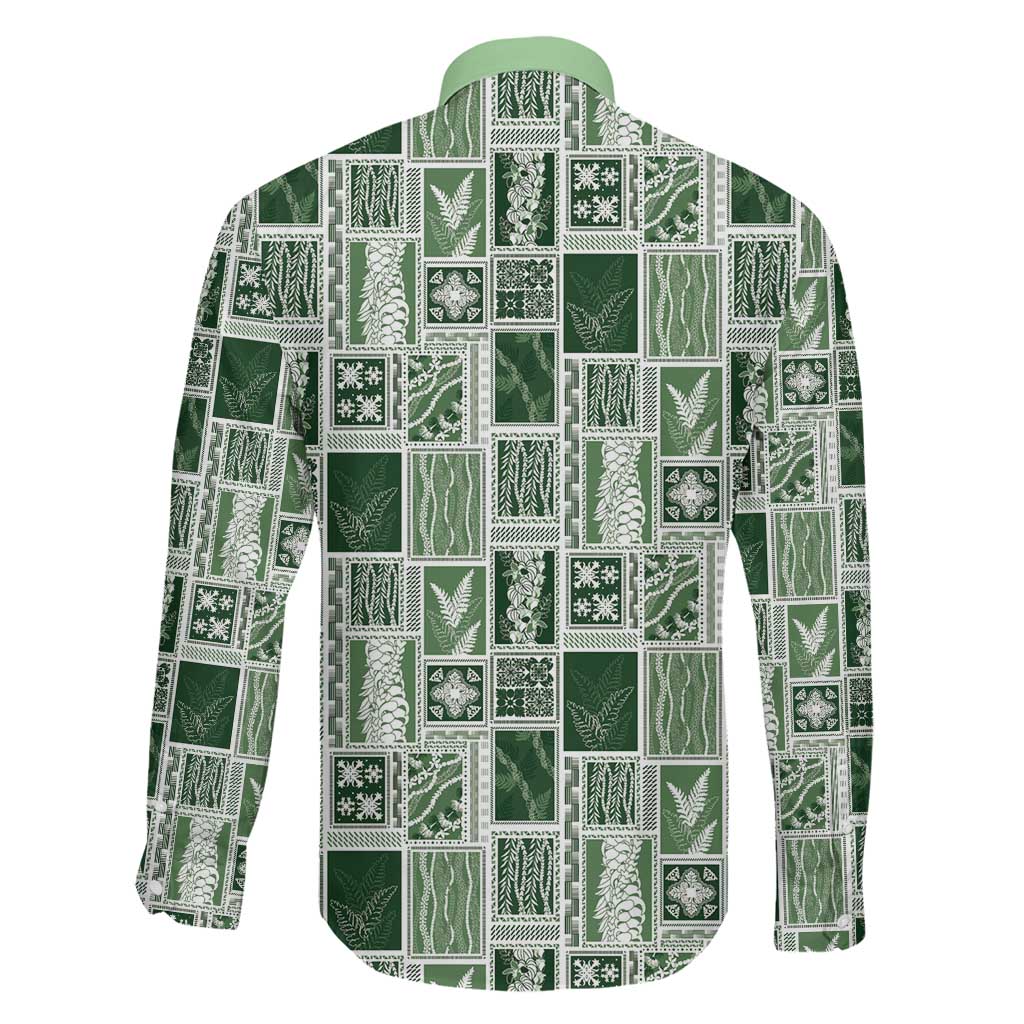 Vintage Aloha Block Quilt Family Matching Long Sleeve Bodycon Dress and Hawaiian Shirt Green Inspired Lei Motifs - Polynesian Pride