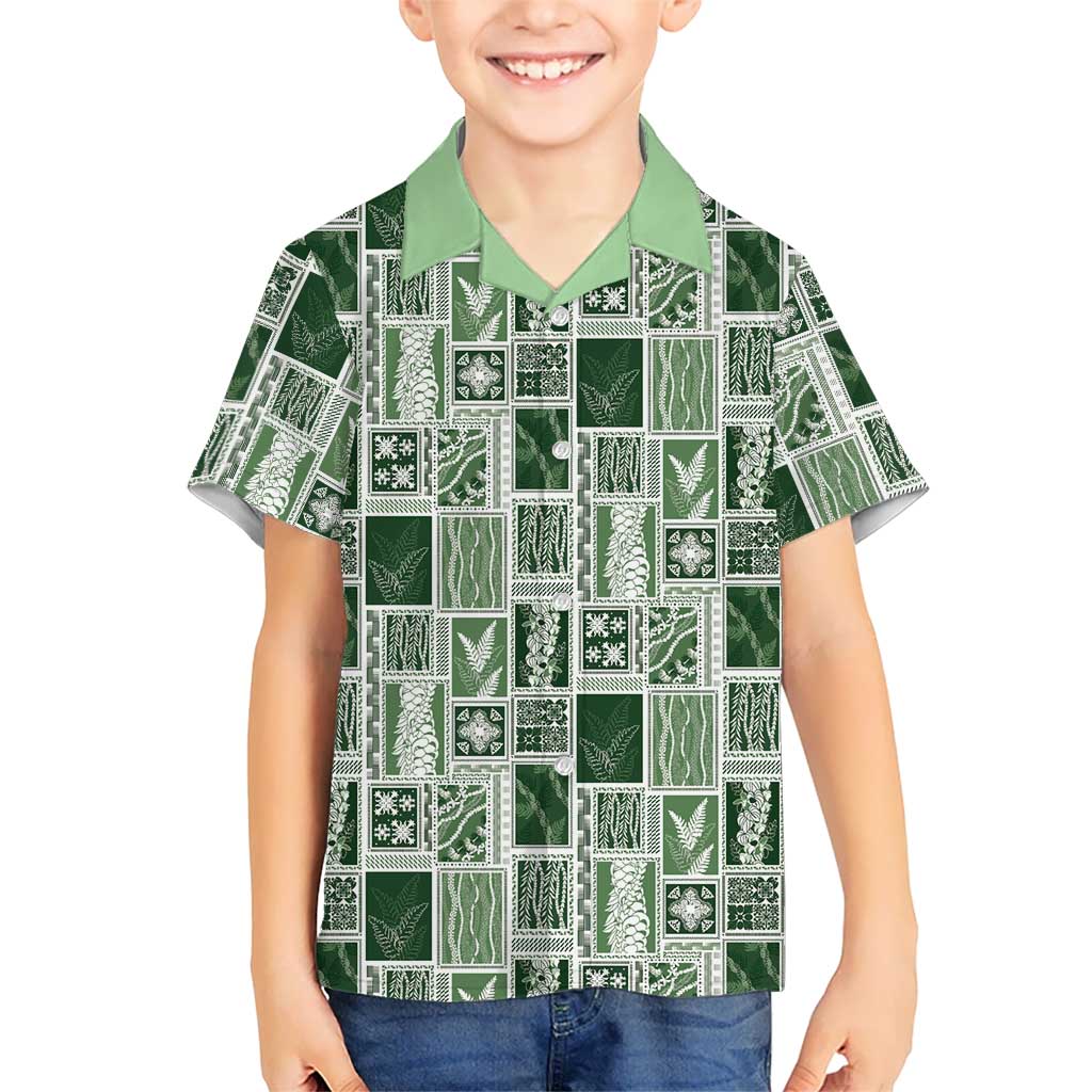 Vintage Aloha Block Quilt Family Matching Long Sleeve Bodycon Dress and Hawaiian Shirt Green Inspired Lei Motifs - Polynesian Pride