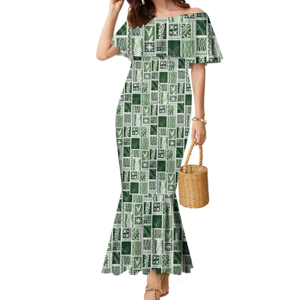 Vintage Aloha Block Quilt Family Matching Mermaid Dress and Hawaiian Shirt Green Inspired Lei Motifs - Polynesian Pride