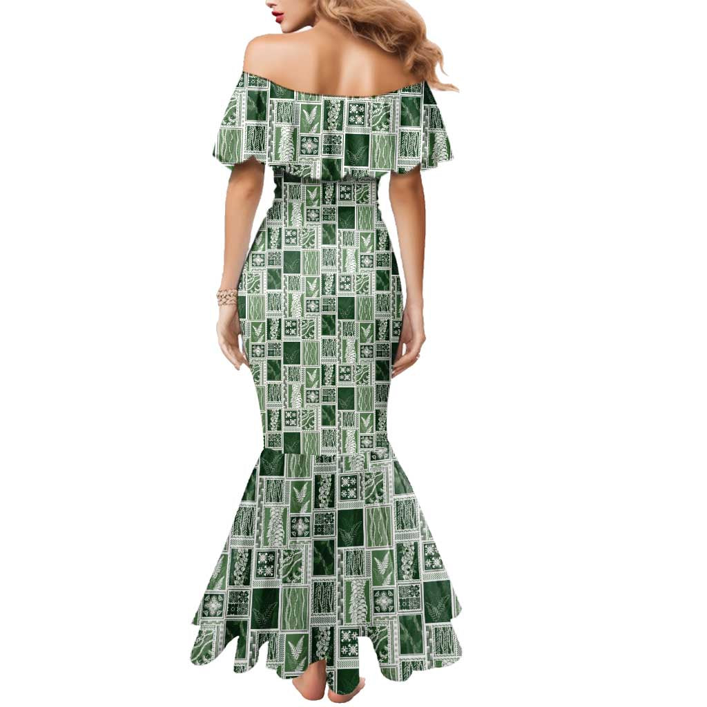Vintage Aloha Block Quilt Family Matching Mermaid Dress and Hawaiian Shirt Green Inspired Lei Motifs - Polynesian Pride