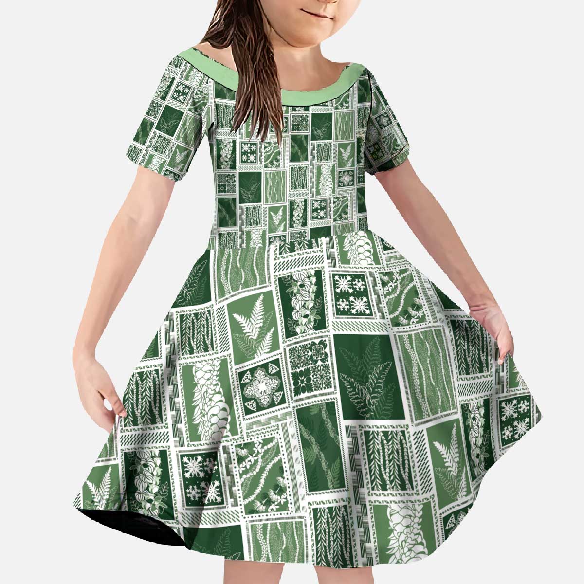 Vintage Aloha Block Quilt Family Matching Off The Shoulder Long Sleeve Dress and Hawaiian Shirt Green Inspired Lei Motifs - Polynesian Pride