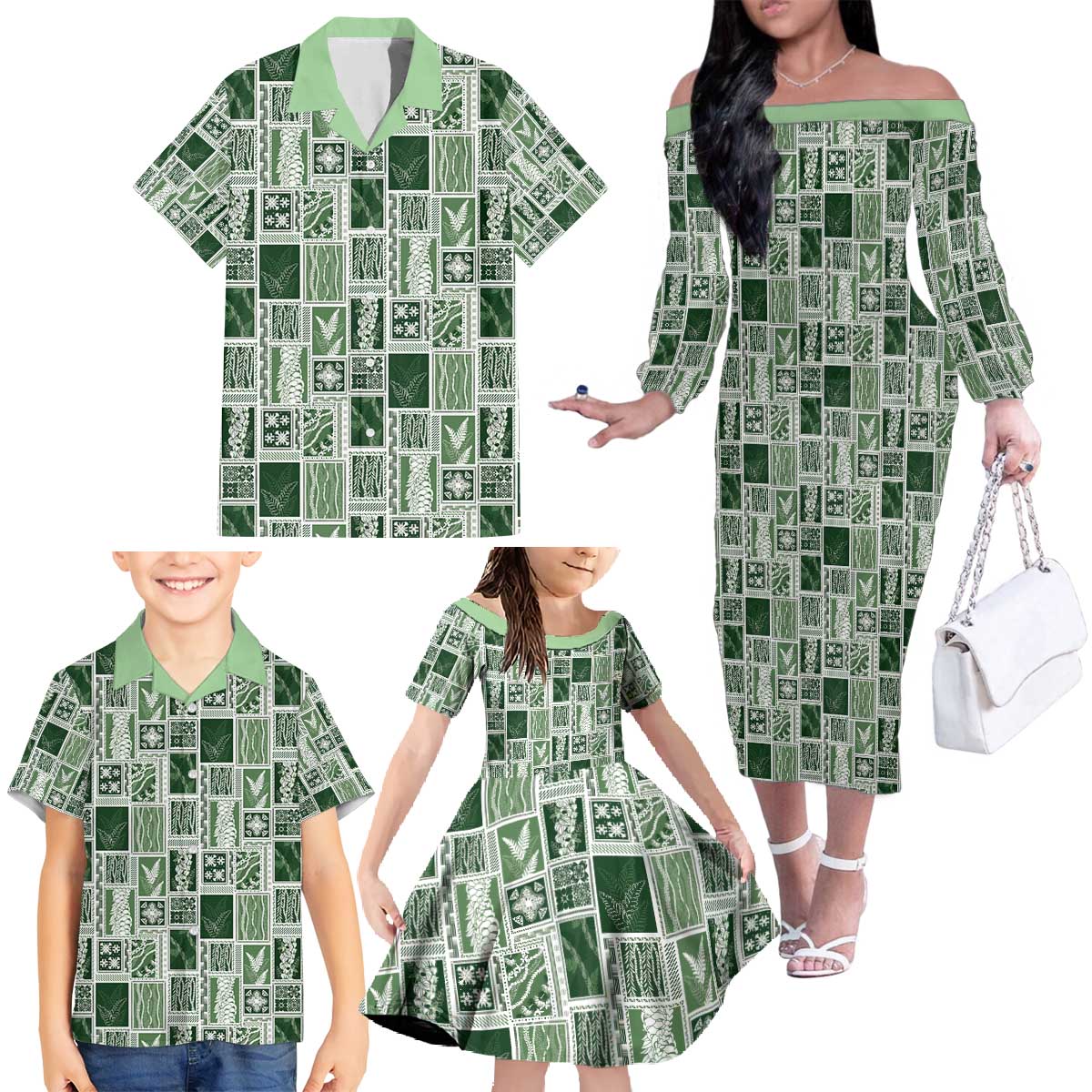Vintage Aloha Block Quilt Family Matching Off The Shoulder Long Sleeve Dress and Hawaiian Shirt Green Inspired Lei Motifs - Polynesian Pride