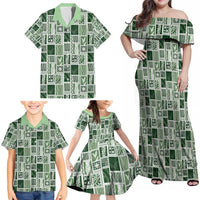 Vintage Aloha Block Quilt Family Matching Off Shoulder Maxi Dress and Hawaiian Shirt Green Inspired Lei Motifs - Polynesian Pride