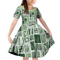 Vintage Aloha Block Quilt Family Matching Off Shoulder Short Dress and Hawaiian Shirt Green Inspired Lei Motifs - Polynesian Pride