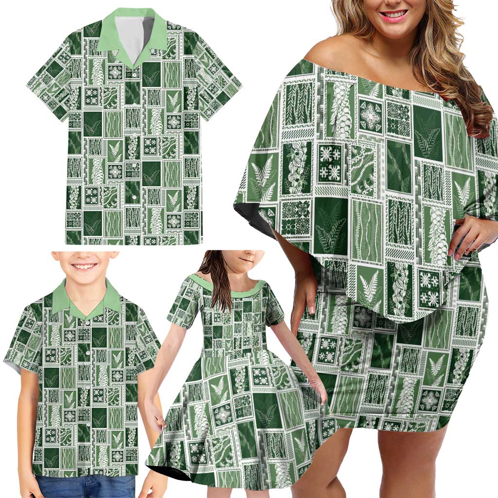 Vintage Aloha Block Quilt Family Matching Off Shoulder Short Dress and Hawaiian Shirt Green Inspired Lei Motifs - Polynesian Pride