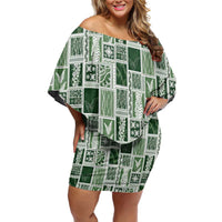 Vintage Aloha Block Quilt Family Matching Off Shoulder Short Dress and Hawaiian Shirt Green Inspired Lei Motifs - Polynesian Pride