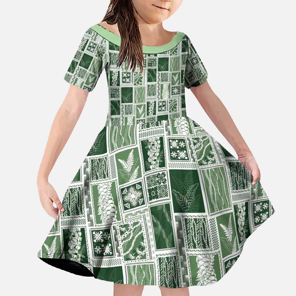 Vintage Aloha Block Quilt Family Matching Short Sleeve Bodycon Dress and Hawaiian Shirt Green Inspired Lei Motifs - Polynesian Pride