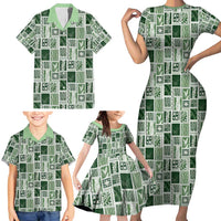 Vintage Aloha Block Quilt Family Matching Short Sleeve Bodycon Dress and Hawaiian Shirt Green Inspired Lei Motifs - Polynesian Pride