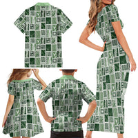 Vintage Aloha Block Quilt Family Matching Short Sleeve Bodycon Dress and Hawaiian Shirt Green Inspired Lei Motifs - Polynesian Pride