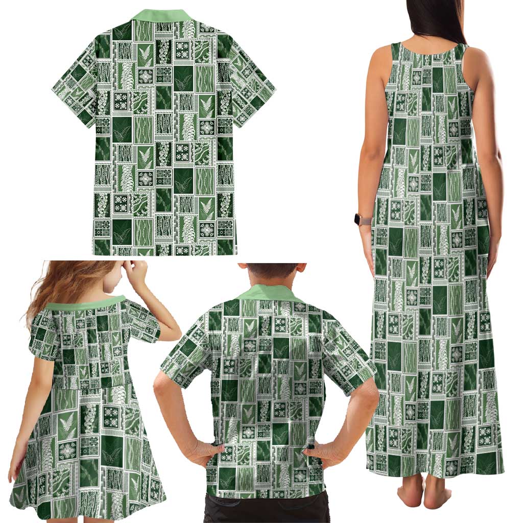 Vintage Aloha Block Quilt Family Matching Tank Maxi Dress and Hawaiian Shirt Green Inspired Lei Motifs - Polynesian Pride