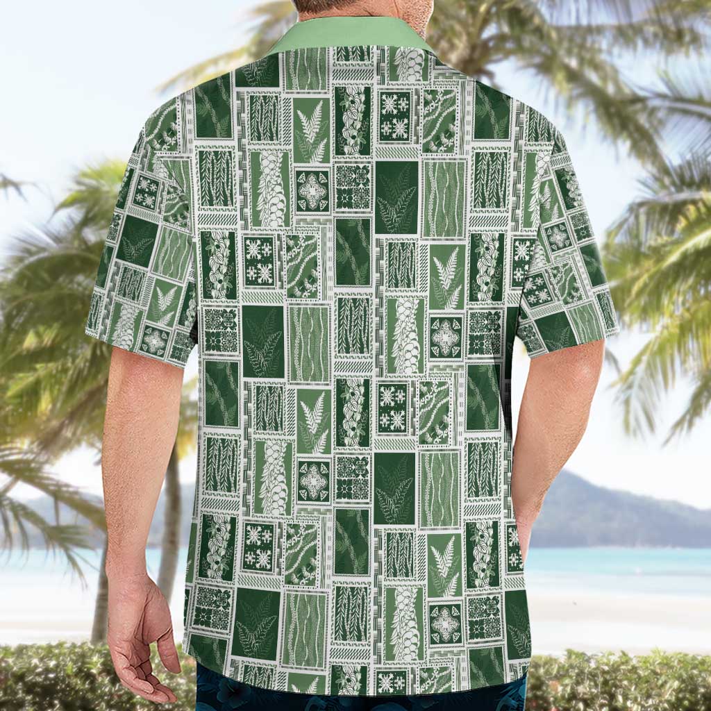 Vintage Aloha Block Quilt Hawaiian Shirt Green Inspired Lei Motifs - Polynesian Pride