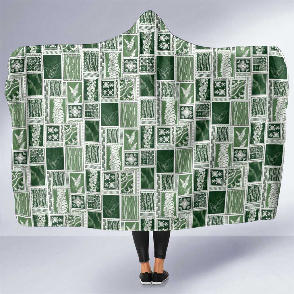 Vintage Aloha Block Quilt Hooded Blanket Green Inspired Lei Motifs - Polynesian Pride