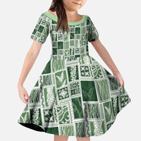 Vintage Aloha Block Quilt Kid Short Sleeve Dress Green Inspired Lei Motifs - Polynesian Pride