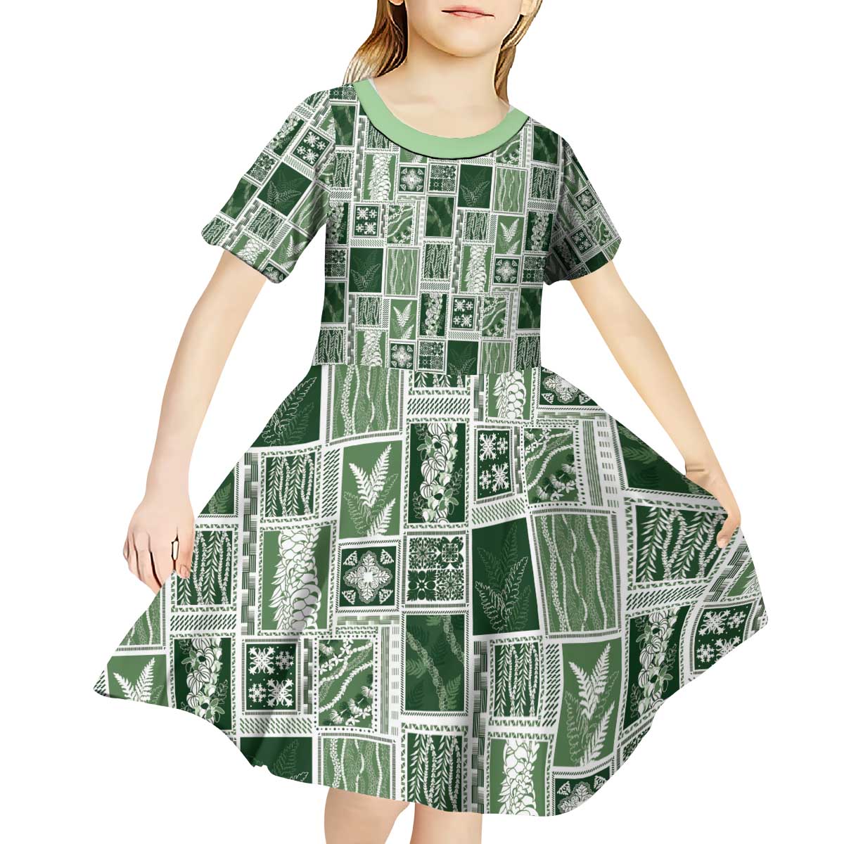 Vintage Aloha Block Quilt Kid Short Sleeve Dress Green Inspired Lei Motifs - Polynesian Pride