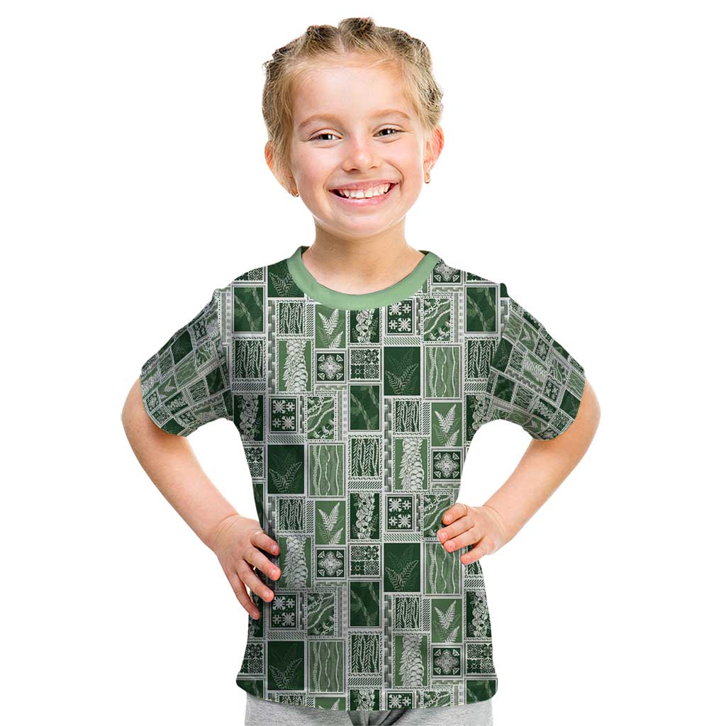Vintage Aloha Block Quilt Kid T Shirt Green Inspired Lei Motifs - Polynesian Pride