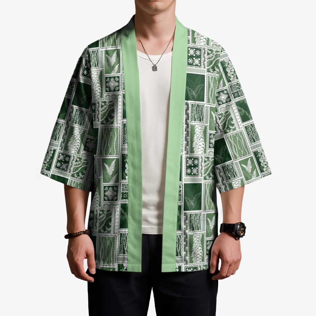 Vintage Aloha Block Quilt Kimono Green Inspired Lei Motifs - Polynesian Pride