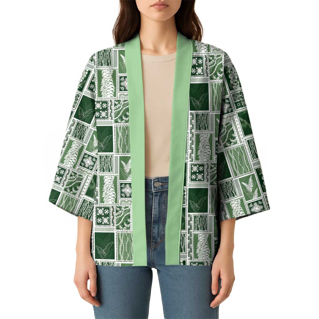 Vintage Aloha Block Quilt Kimono Green Inspired Lei Motifs - Polynesian Pride