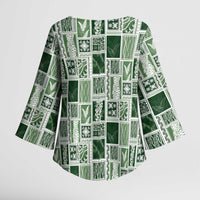 Vintage Aloha Block Quilt Kimono Sleeve Blouse Green Inspired Lei Motifs - Polynesian Pride