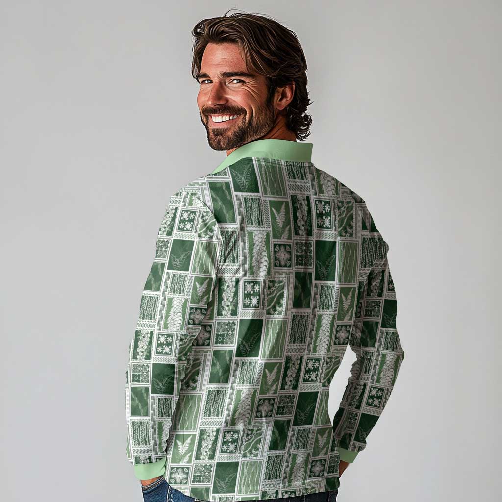 Vintage Aloha Block Quilt Long Sleeve Polo Shirt Green Inspired Lei Motifs - Polynesian Pride