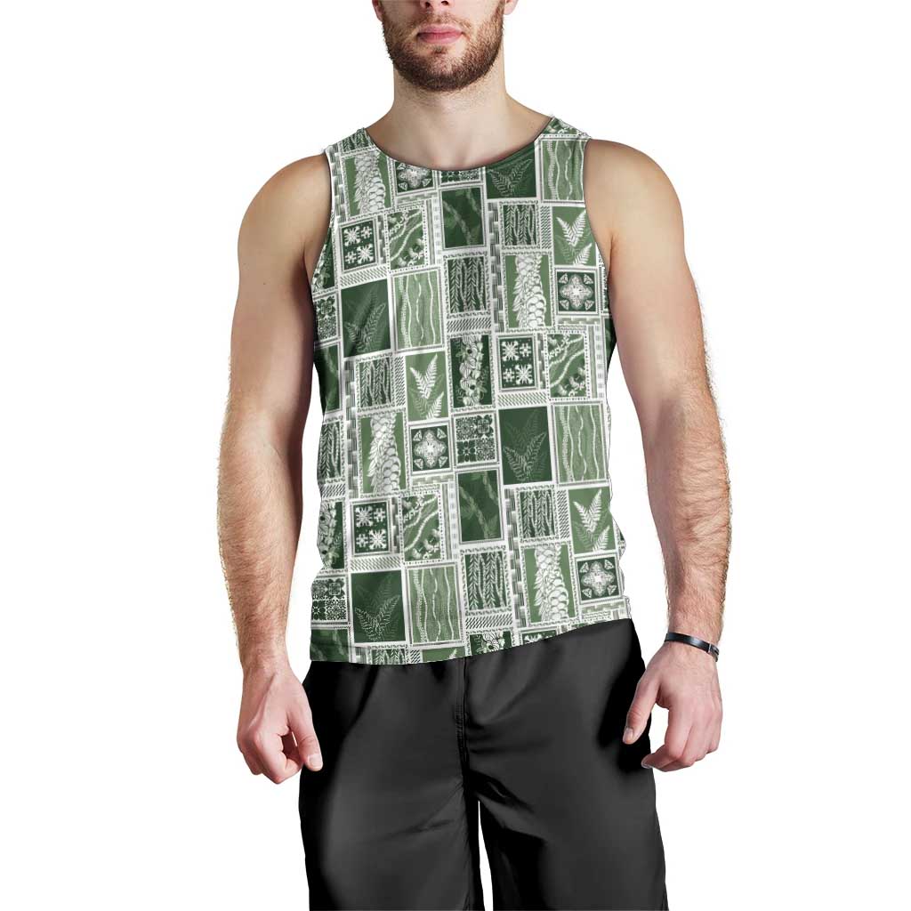 Vintage Aloha Block Quilt Men Tank Top Green Inspired Lei Motifs - Polynesian Pride