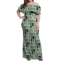 Vintage Aloha Block Quilt Off Shoulder Maxi Dress Green Inspired Lei Motifs - Polynesian Pride
