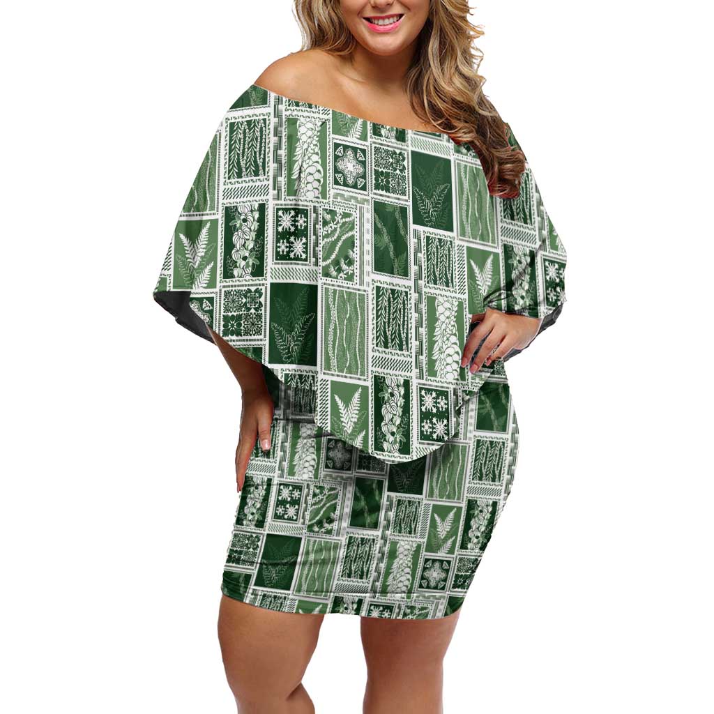 Vintage Aloha Block Quilt Off Shoulder Short Dress Green Inspired Lei Motifs - Polynesian Pride