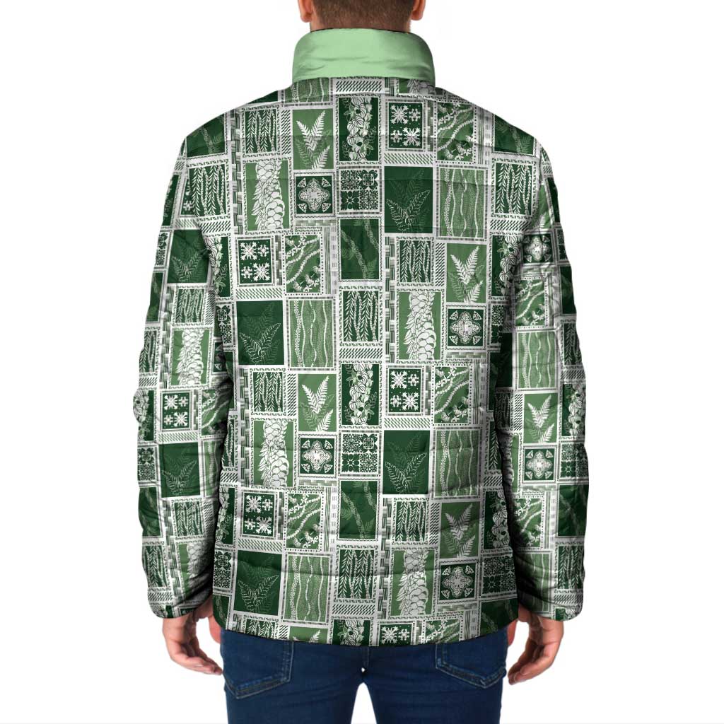 Vintage Aloha Block Quilt Padded Jacket Green Inspired Lei Motifs - Polynesian Pride