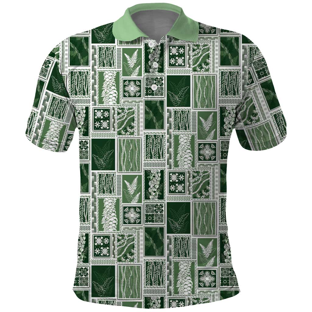 Vintage Aloha Block Quilt Polo Shirt Green Inspired Lei Motifs - Polynesian Pride