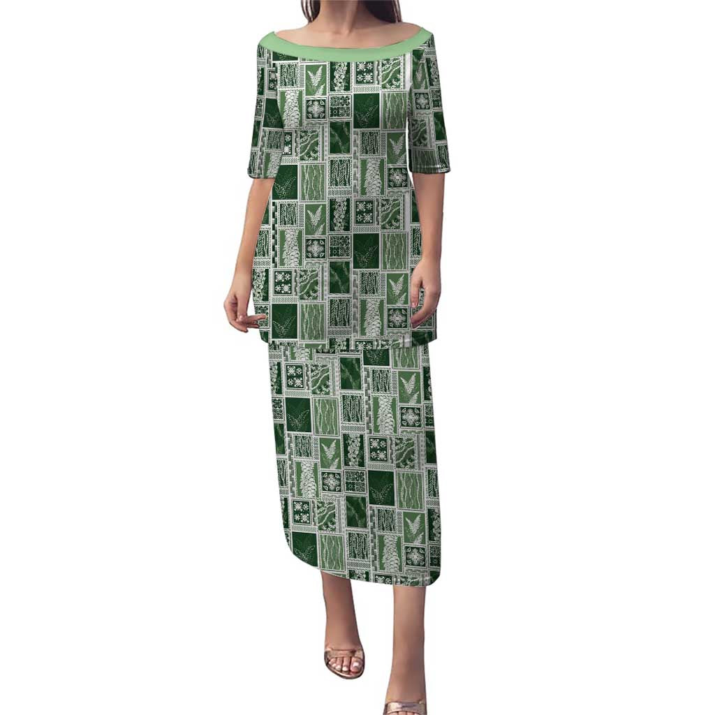 Vintage Aloha Block Quilt Puletasi Green Inspired Lei Motifs - Polynesian Pride