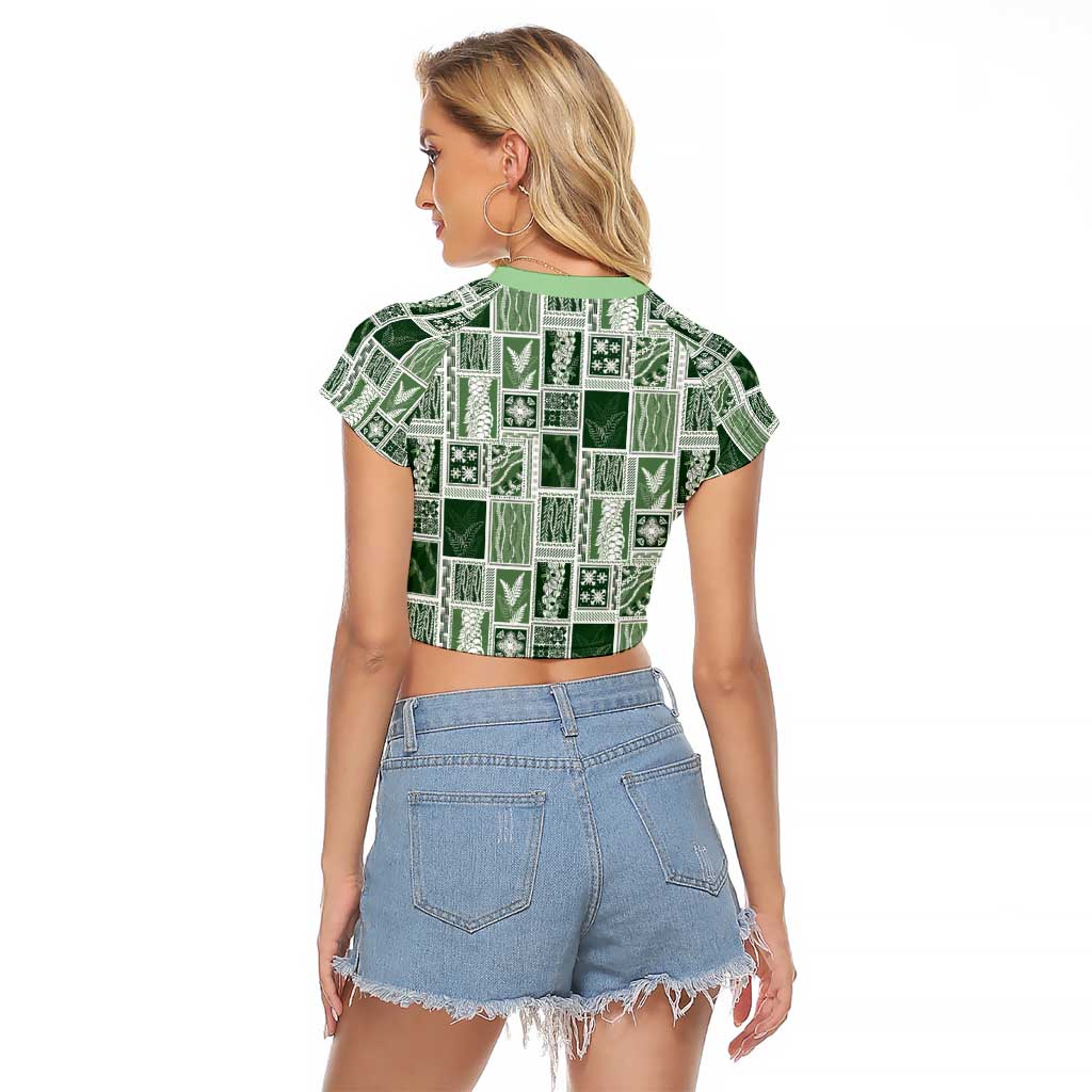 Vintage Aloha Block Quilt Raglan Cropped T Shirt Green Inspired Lei Motifs - Polynesian Pride