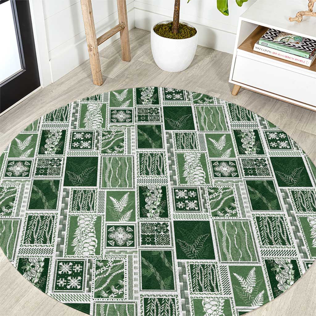 Vintage Aloha Block Quilt Round Carpet Green Inspired Lei Motifs - Polynesian Pride