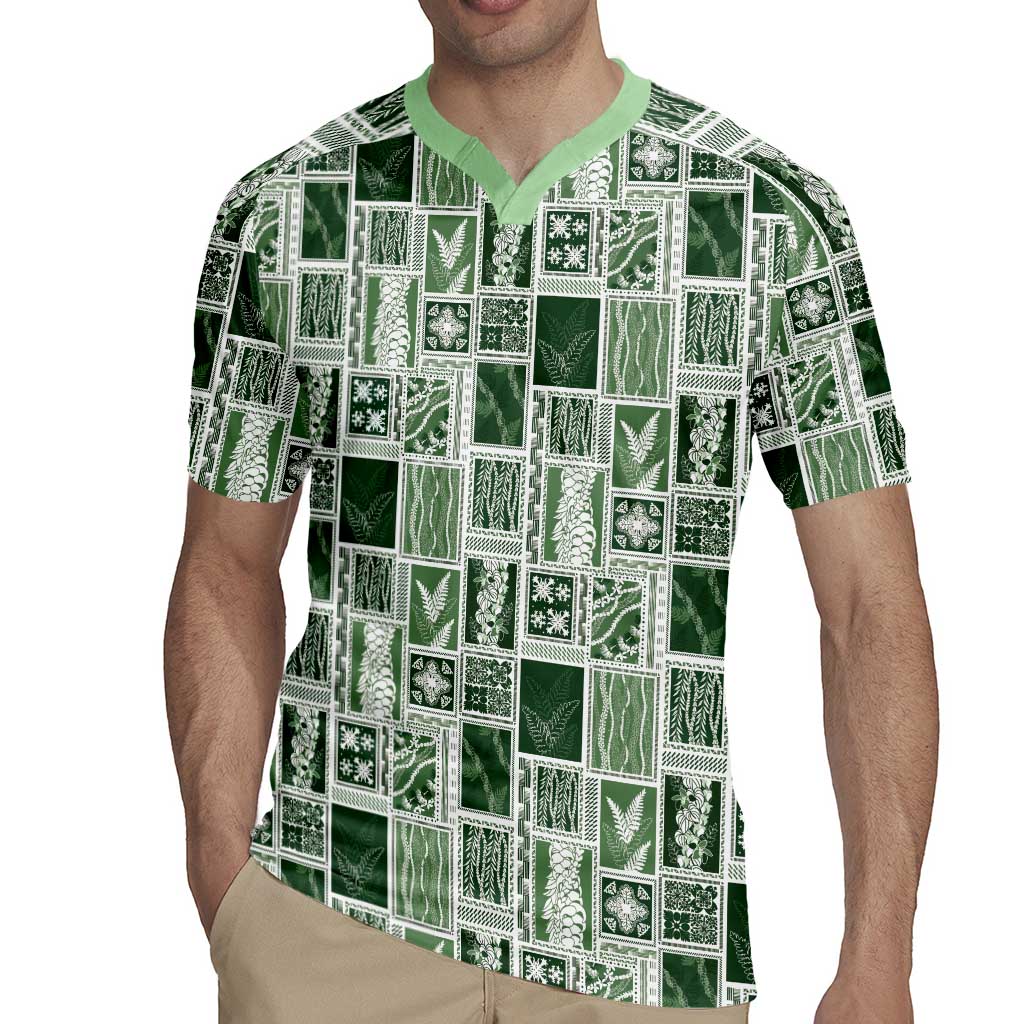 Vintage Aloha Block Quilt Rugby Jersey Green Inspired Lei Motifs - Polynesian Pride
