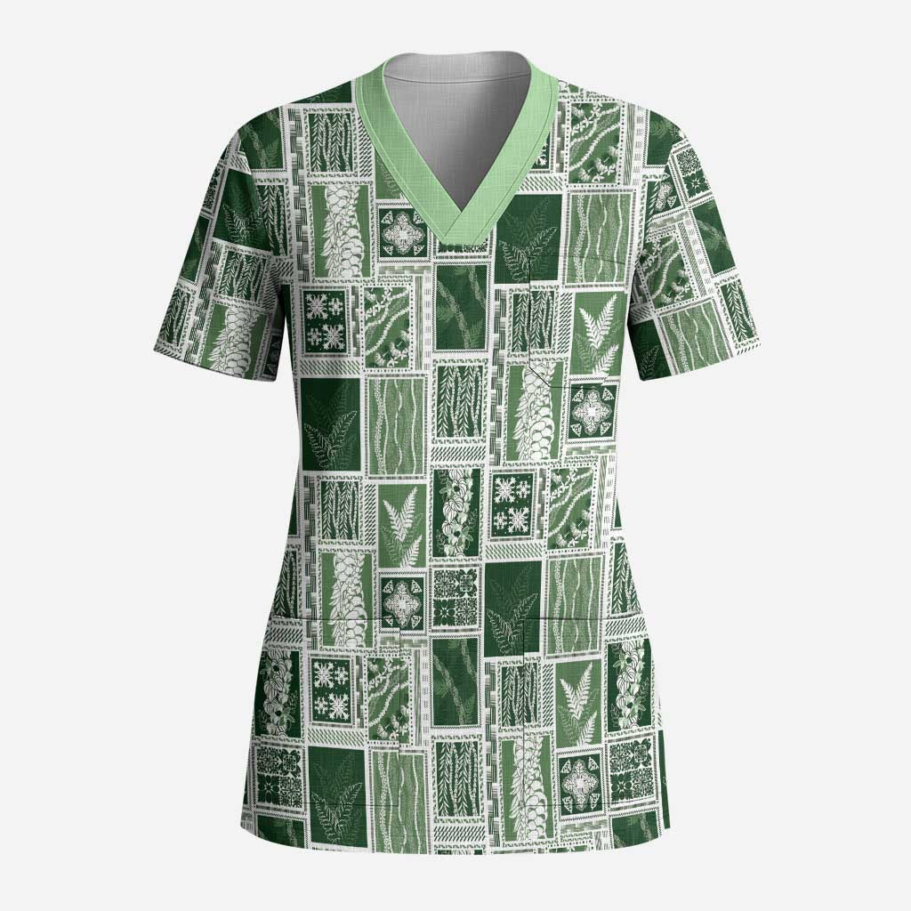 Vintage Aloha Block Quilt Scrub Top Green Inspired Lei Motifs - Polynesian Pride