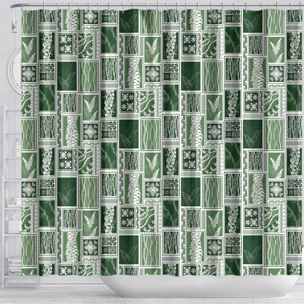 Vintage Aloha Block Quilt Shower Curtain Green Inspired Lei Motifs - Polynesian Pride