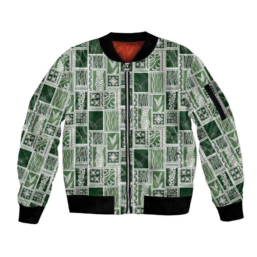 Vintage Aloha Block Quilt Sleeve Zip Bomber Jacket Green Inspired Lei Motifs - Polynesian Pride