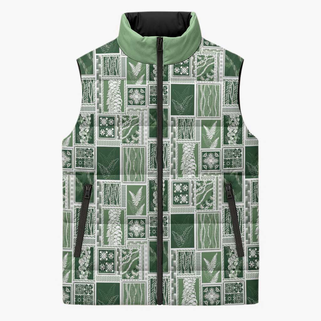 Vintage Aloha Block Quilt Sleeveless Puffer Jacket Green Inspired Lei Motifs - Polynesian Pride