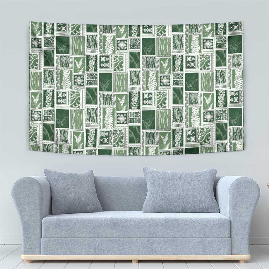 Vintage Aloha Block Quilt Tapestry Green Inspired Lei Motifs - Polynesian Pride