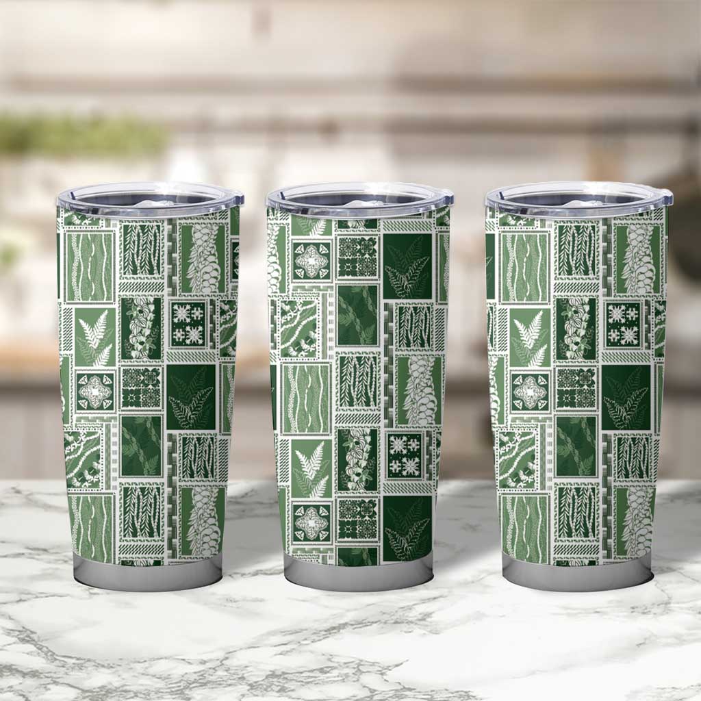 Vintage Aloha Block Quilt Tumbler Cup Green Inspired Lei Motifs - Polynesian Pride