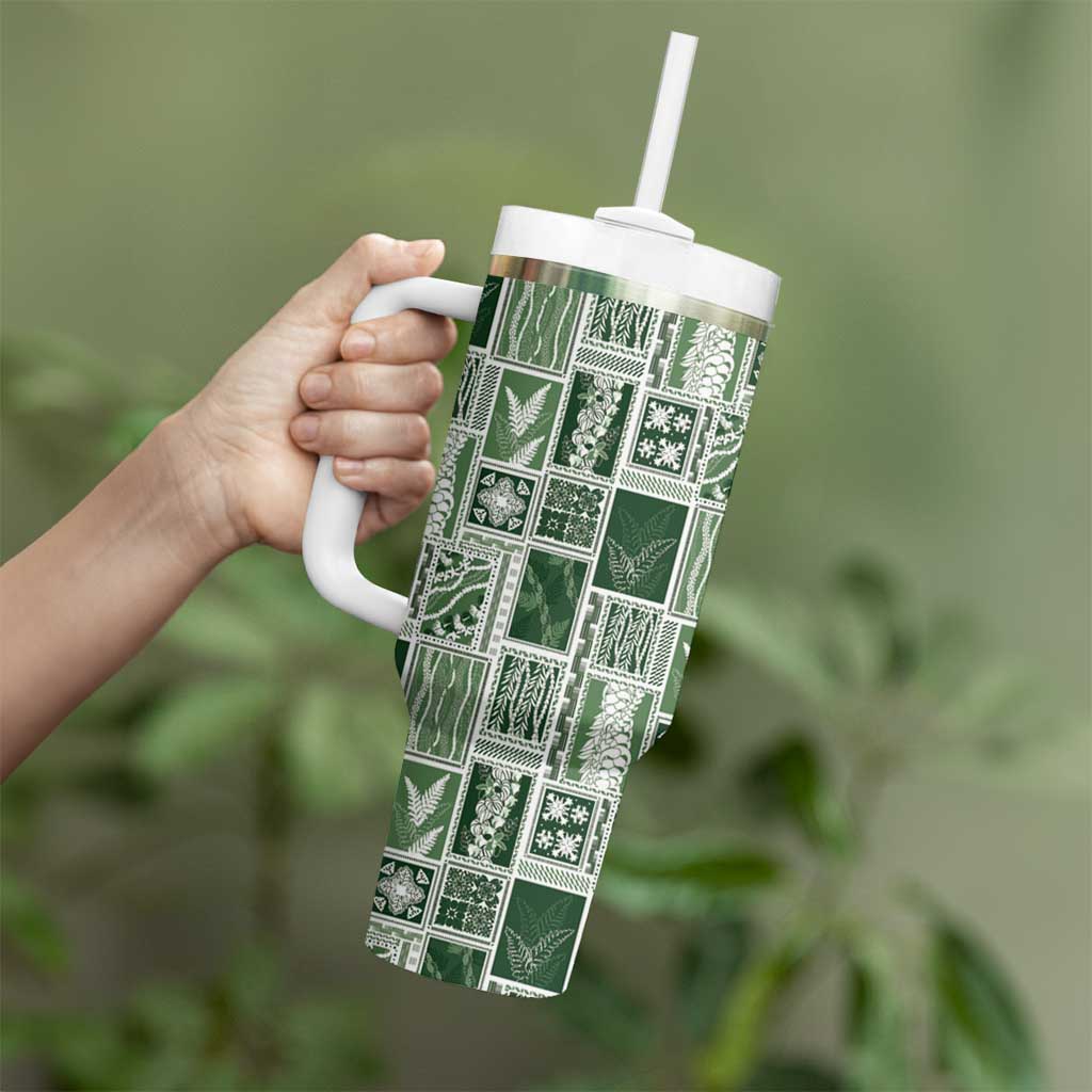 Vintage Aloha Block Quilt Tumbler With Handle Green Inspired Lei Motifs - Polynesian Pride