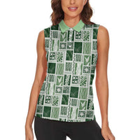Vintage Aloha Block Quilt Women Sleeveless Polo Shirt Green Inspired Lei Motifs - Polynesian Pride