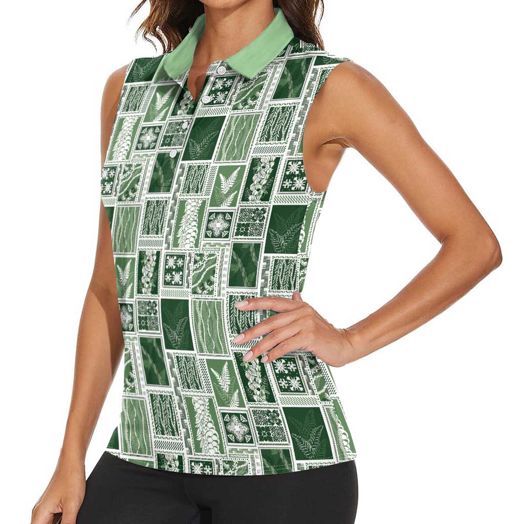 Vintage Aloha Block Quilt Women Sleeveless Polo Shirt Green Inspired Lei Motifs - Polynesian Pride